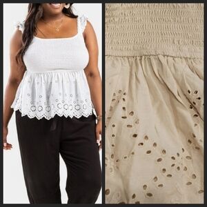 NEW! JAPNA Cotton Smocked Eyelet Peplum Top Large.